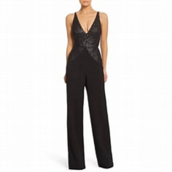 Dress the Population Womens Joey Sequin V-neck Stretch Crepe Jumpsuit Sz L Party - Picture 1 of 9